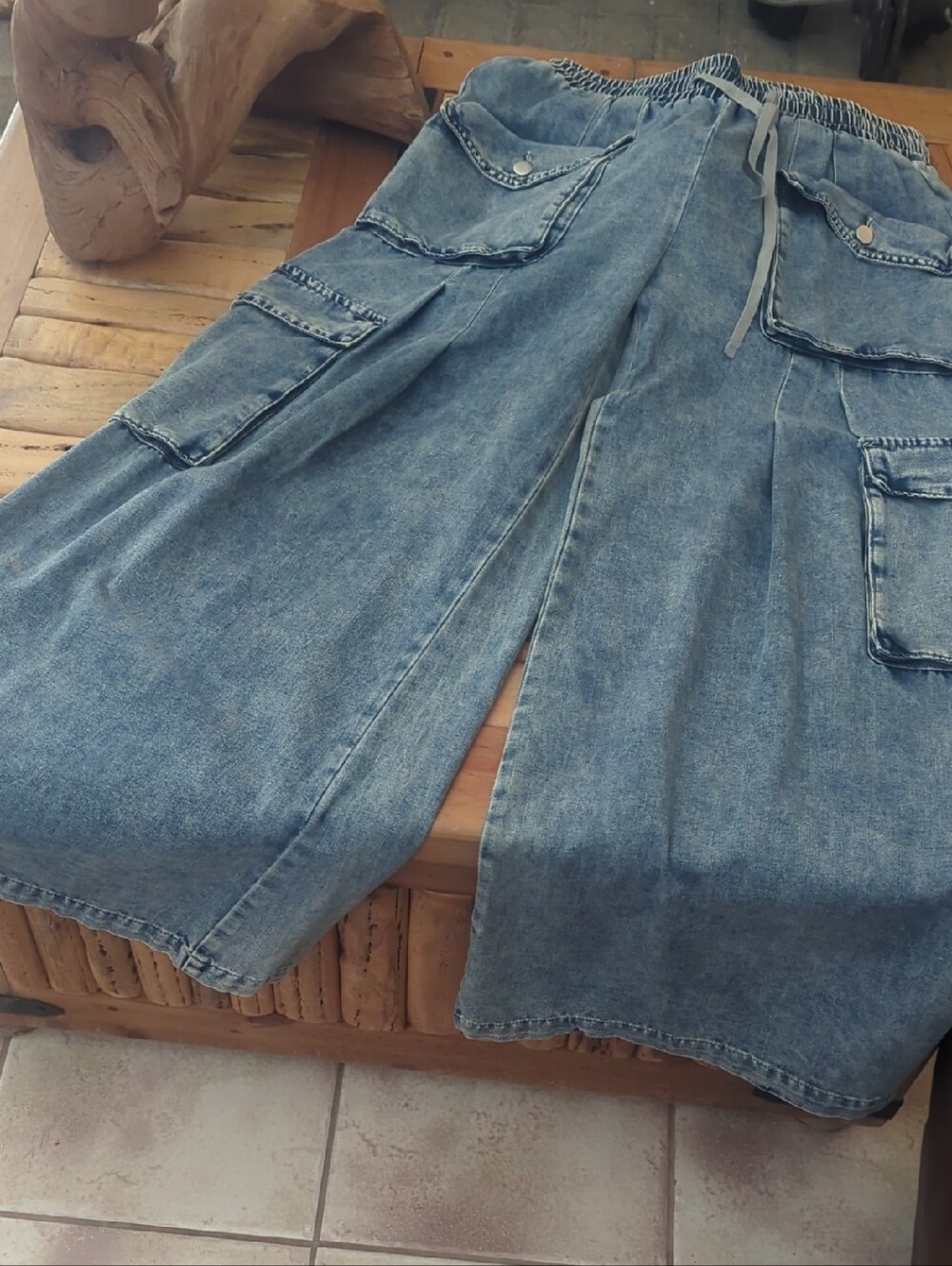 Blue Velvet Light Blue Denim Elastic-Waist Wide Legged Jeans